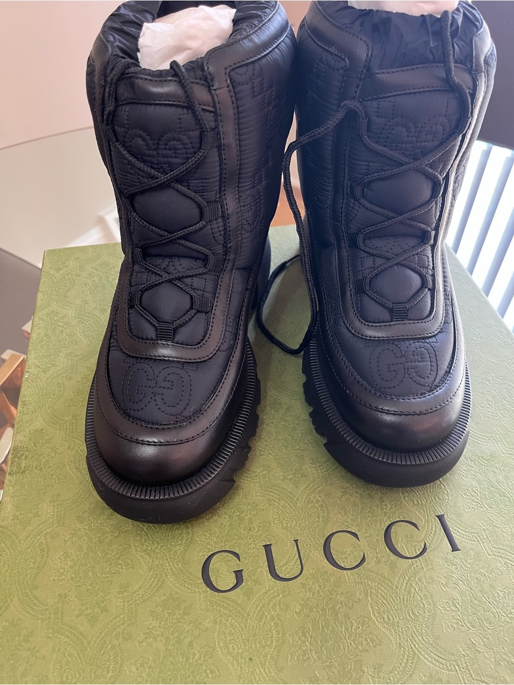 Gucci Black Quilted Logo Lace-Up Platform Boots